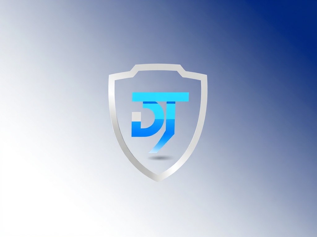 A clean, modern logo design: geometric line art of a shield with an abstract 'DT' inside, using gradient silver and blue colors. High contrast, crisp edges. Photorealistic, 8k, graphic design.